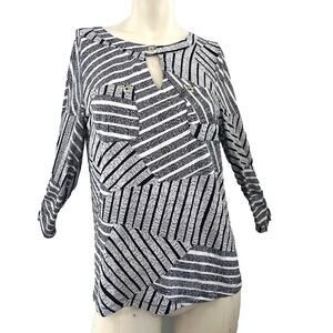 Anne Klein Womens Size Small Dark Blue & White Blouse 3/4 Length‎ Sleeve Top